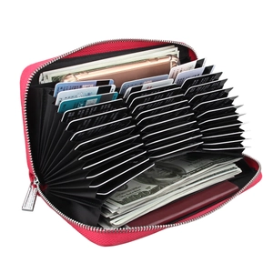 Internal view of rose pink leather passport wallet with multi-slot card holder