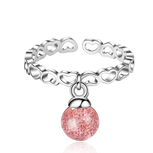 Adjustable silver heart ring featuring a pink strawberry quartz pendant on white background