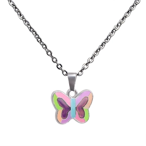 Close-up of a colorful enamel butterfly pendant on a polished stainless steel chain