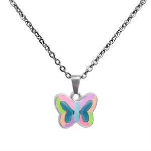 Luminous butterfly pendant necklace with colorful enamel wings and thin silver O-chain