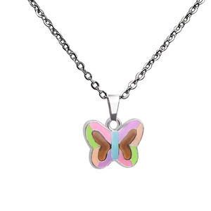 Macro view of colorful butterfly pendant with silver chain and intricate enamel detail