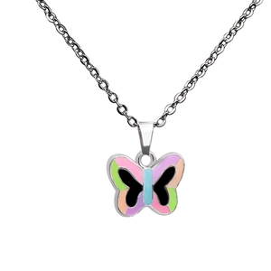 Macro shot of silver butterfly pendant featuring vibrant colorful enamel and intricate detail