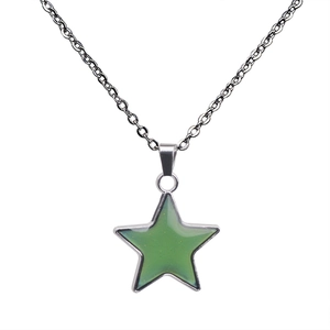 Macro view of silver star necklace with green thermochromic finish and glitter