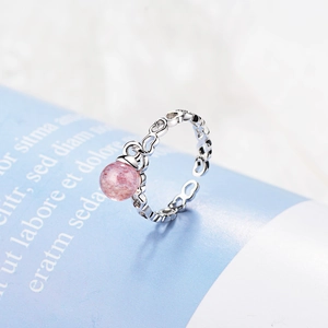 Natural strawberry crystal heart ring with silver open band and pink gemstone