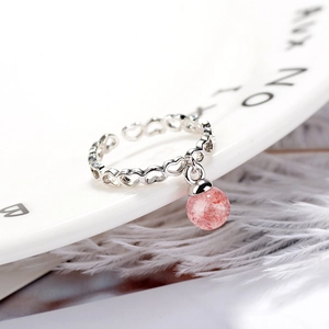 Silver strawberry crystal open ring with interlocking heart patterns and pink bead