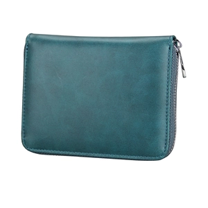 Close-up of a dark teal oil wax leather RFID wallet with premium stitching details