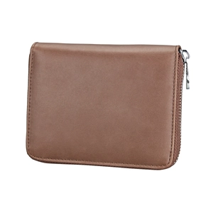 Close-up of a brown leather RFID wallet with a silver zipper and smooth matte texture