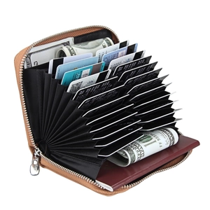 Detailed interior of brown leather RFID accordion wallet with passport and card slots