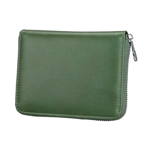 Detail of a dark green RFID leather wallet showing premium texture and silver zipper teeth