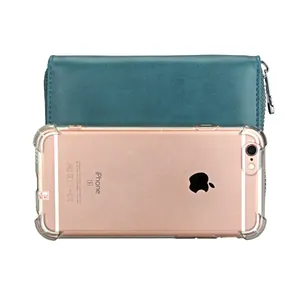 Detailed size comparison of the dark teal leather RFID wallet next to a mobile phone