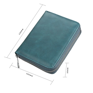 Detailed size view of turquoise leather RFID wallet showing 130mm x 105mm x 30mm dimensions