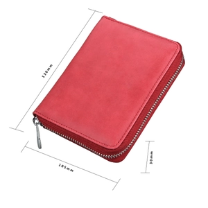 Macro side view of a red matte leather RFID wallet showing 130mm x 105mm x 30mm dimensions