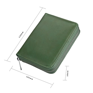 Detailed view of green leather RFID wallet dimensions measuring 130mm by 105mm by 30mm