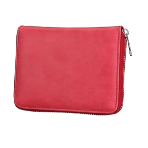 Detail view of red frosted leather RFID credit card holder with high-quality metal zipper