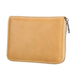 Close-up of brown frosted leather wallet with durable silver zipper and precise stitching