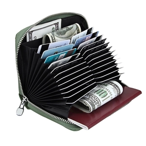 Detail of army green RFID nylon wallet showing accordion slots and silver metal zipper