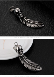 Detail of vintage stainless steel skull and feather pendant with antique silver finish
