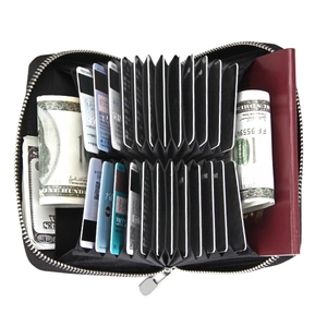 Detailed internal view of RFID leather card holder with multiple slots and passport storage