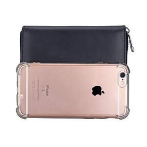 Detail of black leather RFID wallet with zipper, showing size compared to a smartphone