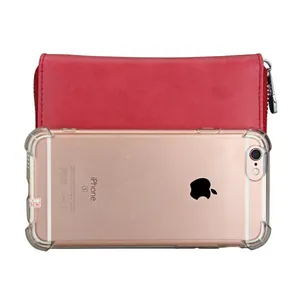 Red leather long zip wallet showing size comparison next to a smartphone