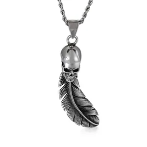 Retro Skull Feather Pendant Gothic Punk Stainless Steel Distressed Silver Finish Necklace Charm For Men