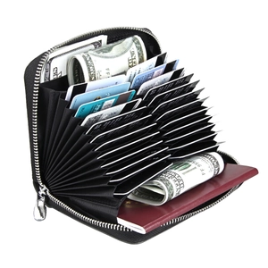 Detailed view of the RFID leather wallet internal accordion structure with multi-card slots