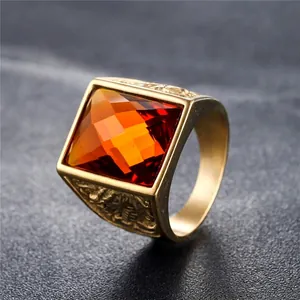 Men's vintage titanium steel ring with large square orange gemstone and gold relief