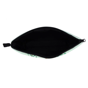 Waterproof digital print makeup bag with green leaf pattern and black interior