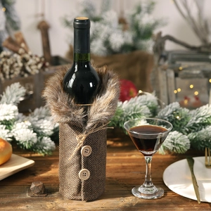 Christmas wine bottle cover with brown herringbone fabric and faux fur trim decorations