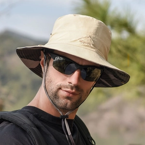 Outdoor men's khaki bucket hat with sport embroidery and adjustable chin strap