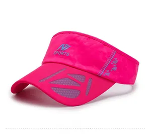 Detailed side view of rose red sun visor with mesh trim and blue sports logo
