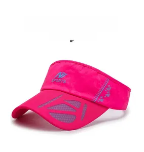 Detail of rose pink breathable sports sun visor with mesh brim and blue sports logo