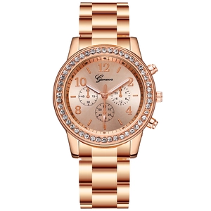 Women's rose gold Geneva watch with crystal bezel and triple dial metal strap
