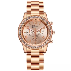 Macro shot of rose gold Geneva quartz watch featuring a crystal-studded bezel and metal band