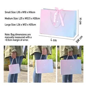 Size guide for minimalist gift bags in small medium and large with dimensions and hand scale
