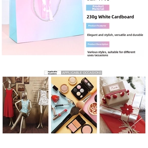 Detail of pink and blue gradient gift bag made of 230g white cardboard with silver handles
