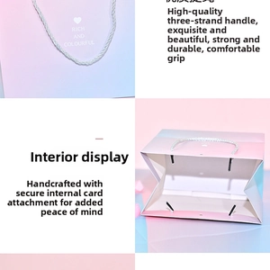 Detail of macaron gradient gift bag featuring triple-strand handles and reinforced base