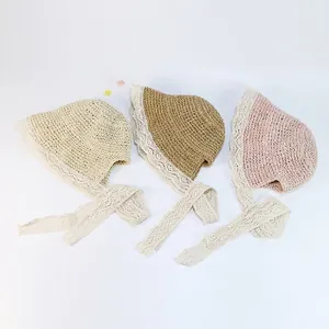 Chapeaux de soleil en paille avec dentelle pour enfants en blanc, kaki et rose
