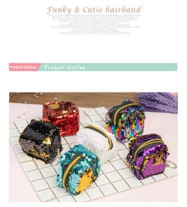 Detailed view of mini reversible sequin coin purses in six vibrant color options