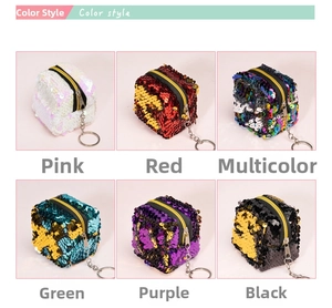 Grid display of six colorful sequin coin purses with reversible flip designs and keyrings