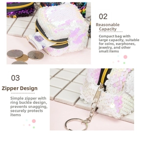 Close-up of holographic sequin coin purse showing smooth zipper and compact interior