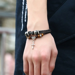 Punk style men's black braided leather bracelet set with tiger eye beads and silver cross