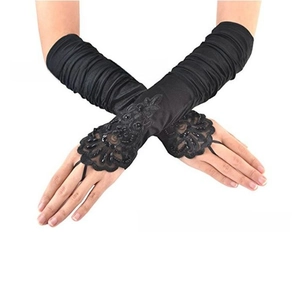 Longs gants noirs sans doigts en satin avec dentelle à paillettes pour fêtes des années 1920