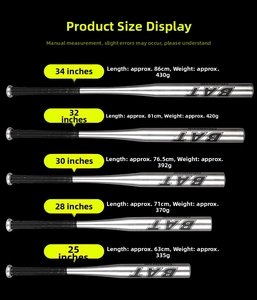 Size chart for aluminum baseball bats ranging from 25 to 34 inches with weight specs