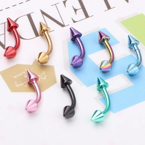 Curved stainless steel eyebrow rings with colorful spike ends in eight vibrant plating tones