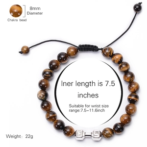 Tiger Eye stone dumbbell bracelet with adjustable black braided rope for fitness