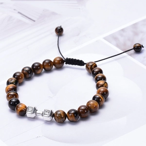 Tiger Eye Stone Bracelet with Silver Dumbbell charm and adjustable woven strap for fitness lovers