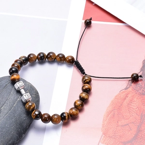 Adjustable tiger eye stone bead bracelet with a silver dumbbell pendant for fitness