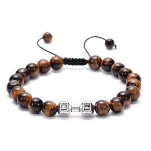 Macro detail of tiger eye stone beads and dumbbell charm with LIVE LIFT engraving