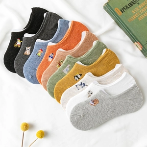 Womens Cotton No Show Socks Cartoon Animal Embroidery Anti-Slip Silicone Heel Breathable Low Cut Invisible Socks